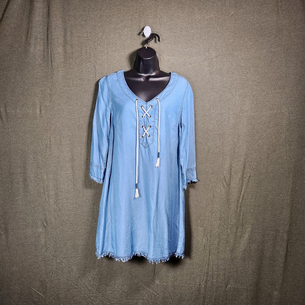 MICHAEL STARS Dress Womens Small S Blue Chambray Fringe Boho Western Festival
